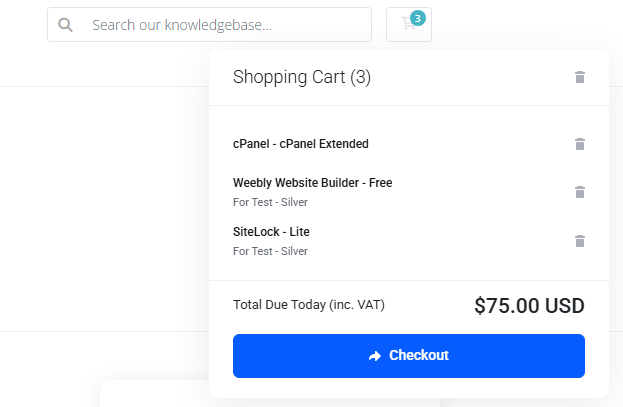 Lagom Smart Order Form For WHMCS: cart dropdown with Shopping Cart items, total due today and the Checkout button