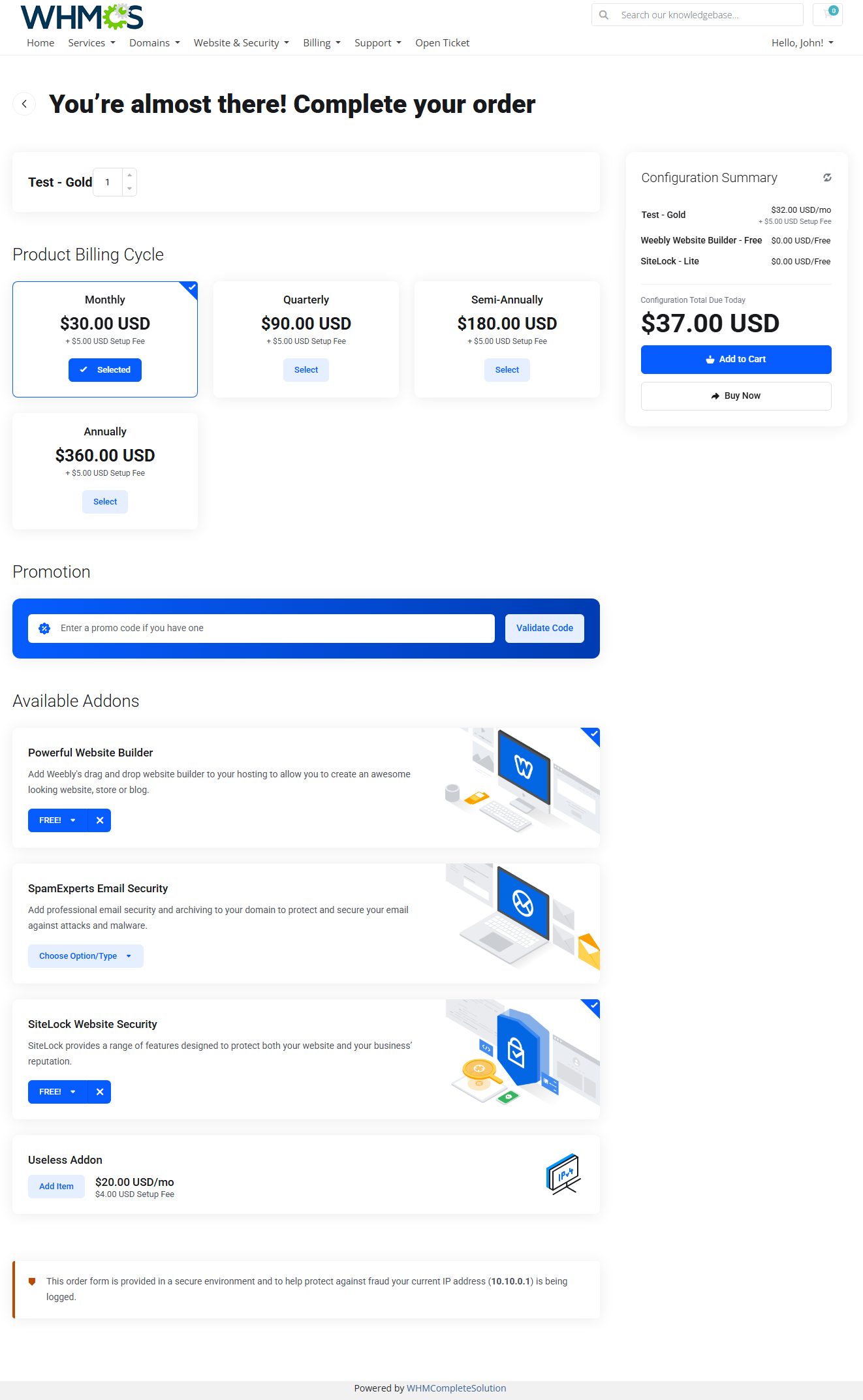 Lagom Smart Order Form For WHMCS: Two Steps order form second step with billing cycle, promotion and addons