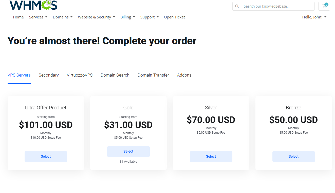 Lagom Smart Order Form For WHMCS: Two Steps order form first step with product package selection