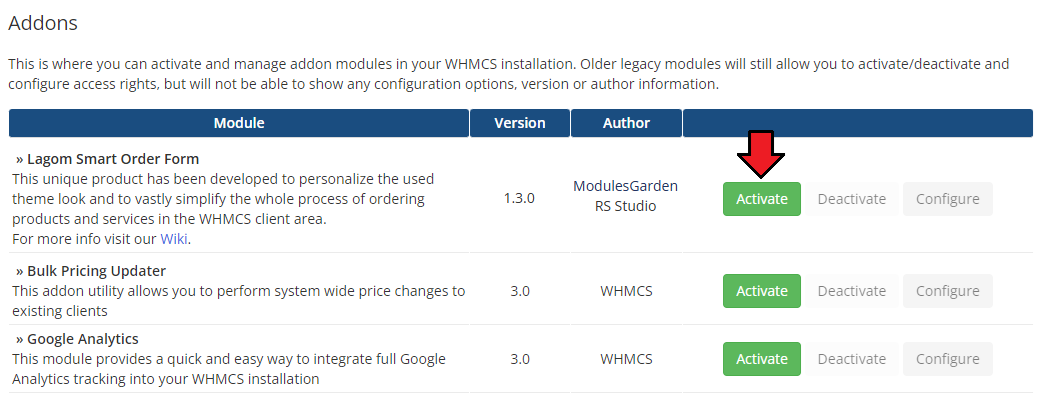 Lagom Smart Order Form For WHMCS: activation in the WHMCS Addon Modules list with the Activate button