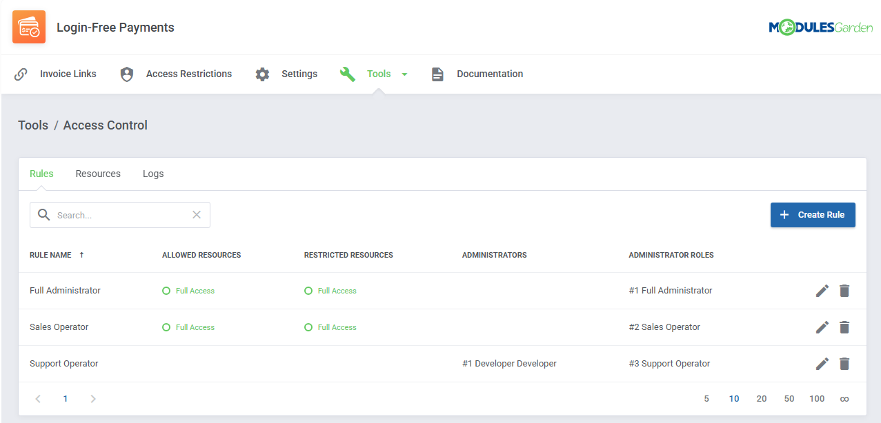 Login-Free Payments For WHMCS: Tools, Access Control page with the Rules tab and administrator role rules