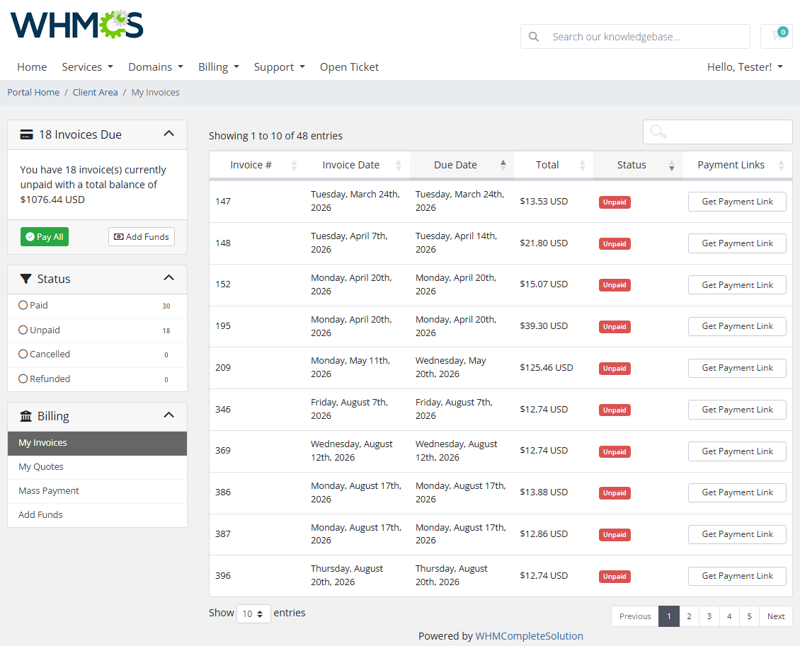 Login-Free Payments For WHMCS: WHMCS client area My Invoices list with a Get Payment Link button on unpaid invoices