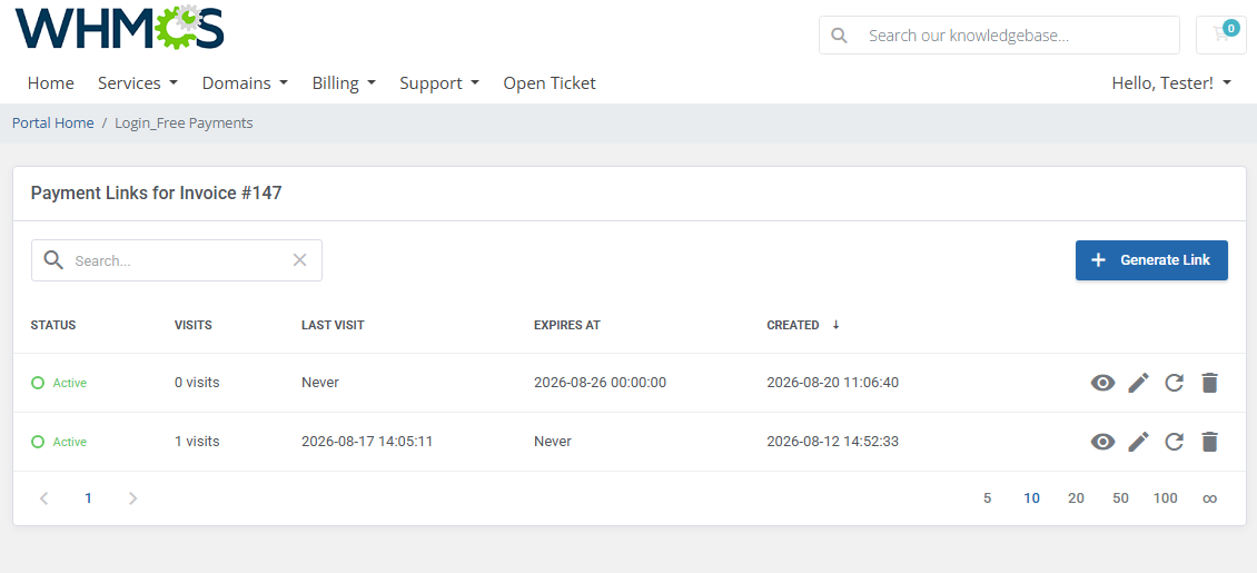 Login-Free Payments For WHMCS: client area page with payment links for an invoice, status, visits and actions