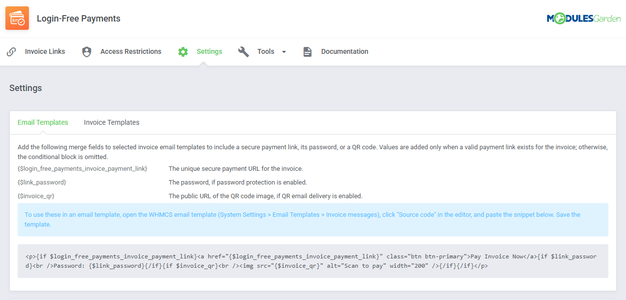 Login-Free Payments For WHMCS: Settings, Email Templates tab with merge fields and the code snippet to paste