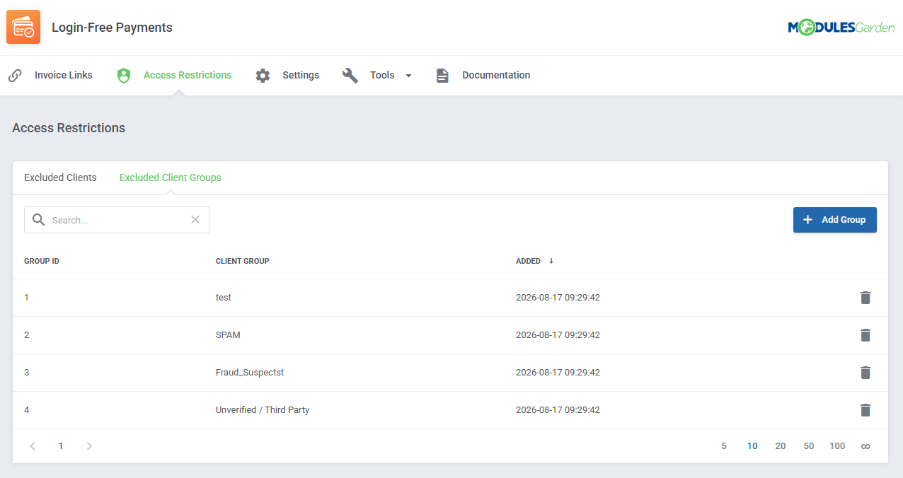 Login-Free Payments For WHMCS: Access Restrictions tab with the Excluded Client Groups table and Add Group button