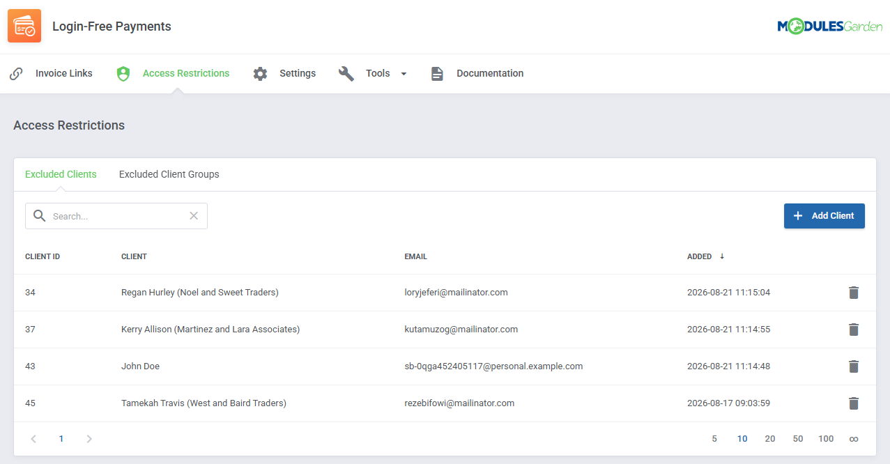 Login-Free Payments For WHMCS: Access Restrictions tab with the Excluded Clients table and trash icons