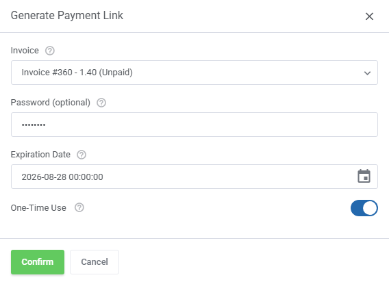 Login-Free Payments For WHMCS: Generate Payment Link dialog with invoice, password, expiration date and one-time use