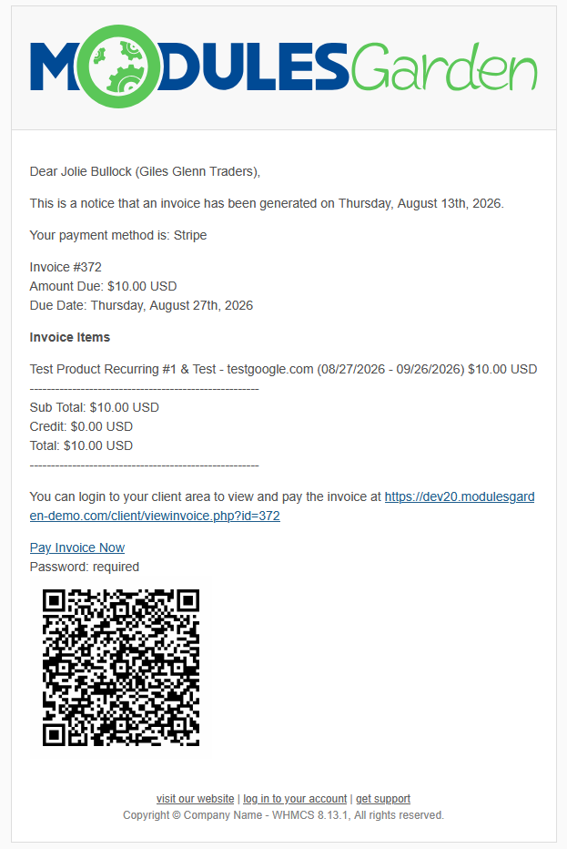 Login-Free Payments For WHMCS: invoice email with the Pay Invoice Now link, password note and QR code