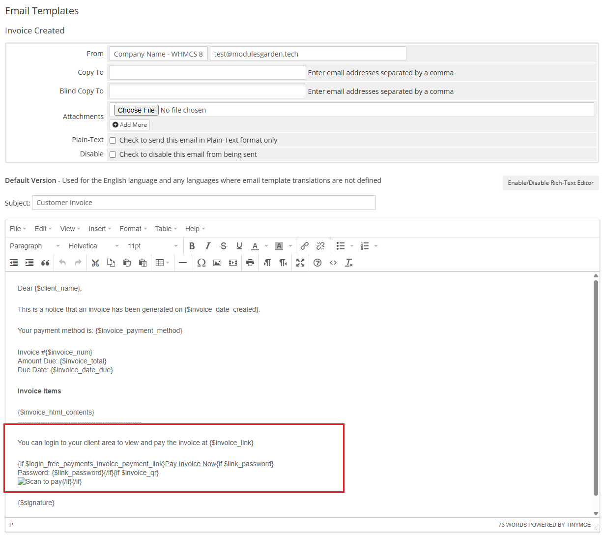 Login-Free Payments For WHMCS: WHMCS Invoice Created email template editor with the payment link code added