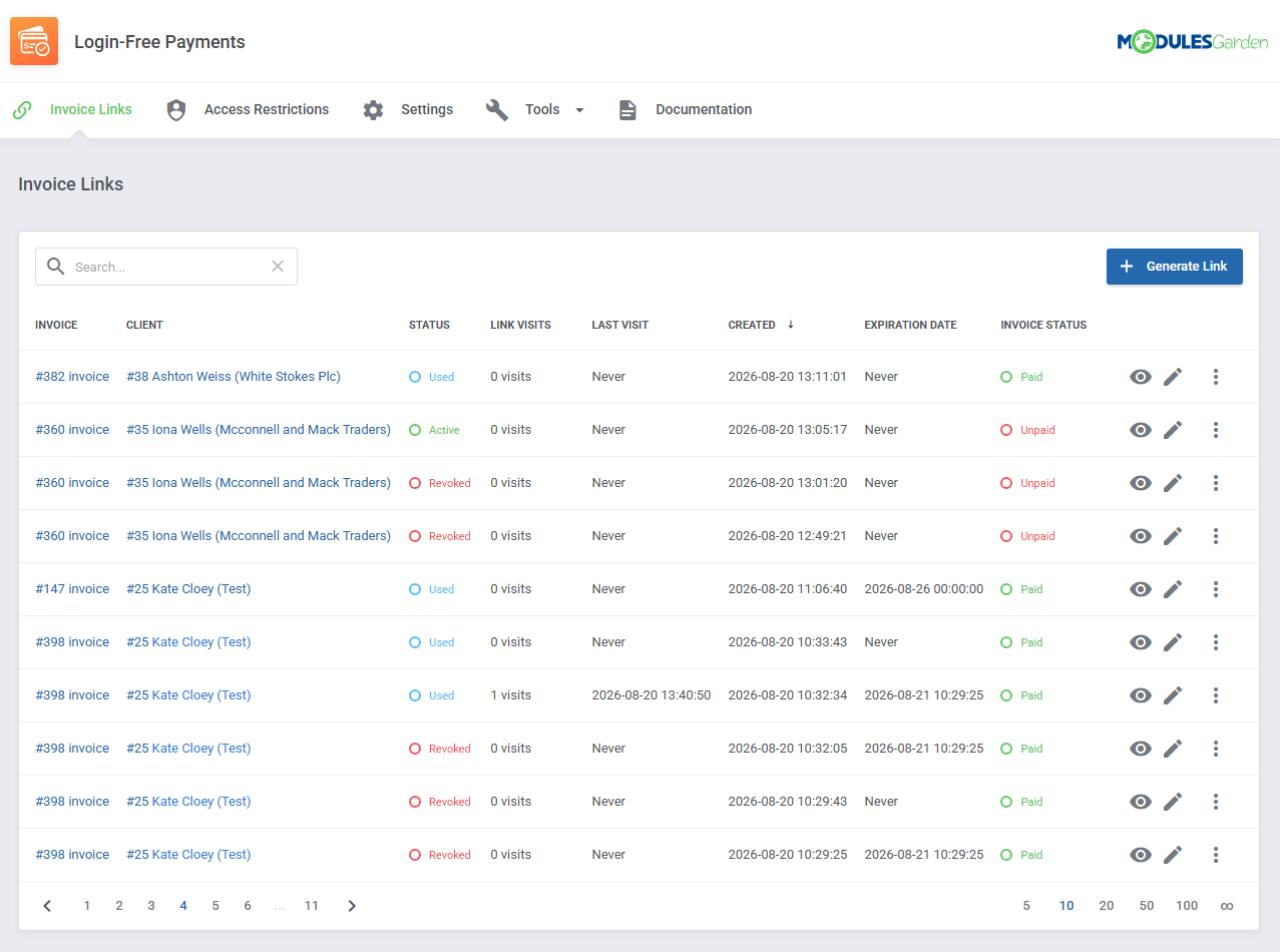 Login-Free Payments For WHMCS: Invoice Links tab with the table of payment links, statuses and visits