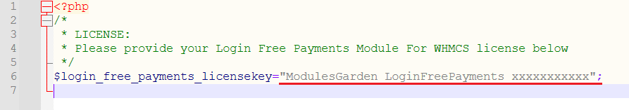Login-Free Payments For WHMCS: a PHP license file with the license key line highlighted