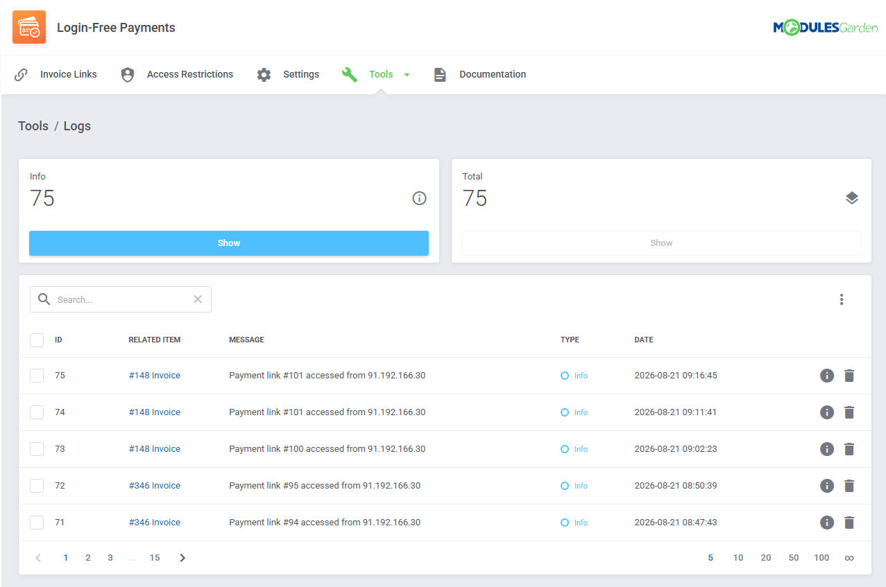 Login-Free Payments For WHMCS: Tools, Logs page with the Info and Total counters and the payment link log table