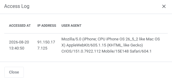 Login-Free Payments For WHMCS: Access Log dialog listing the date, IP address and user agent of a visit