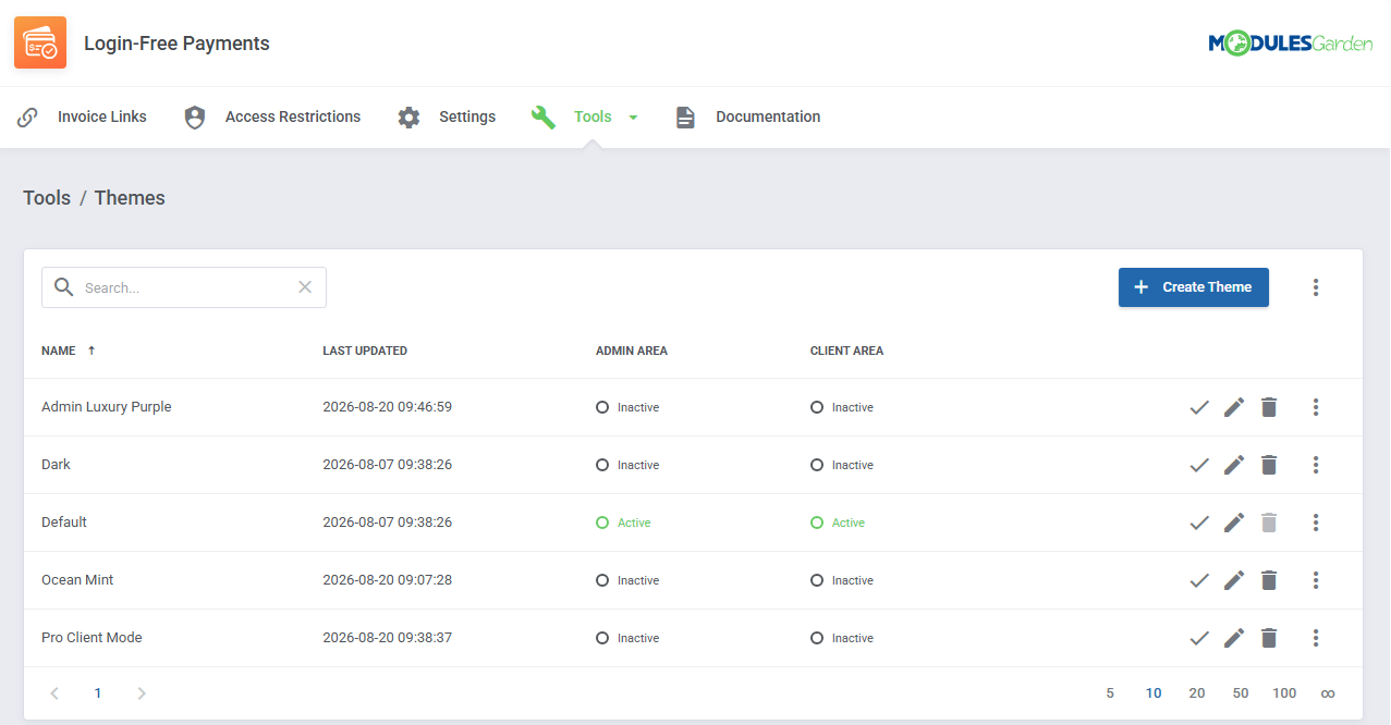 Login-Free Payments For WHMCS: Tools, Themes page with the list of themes and their admin and client area status
