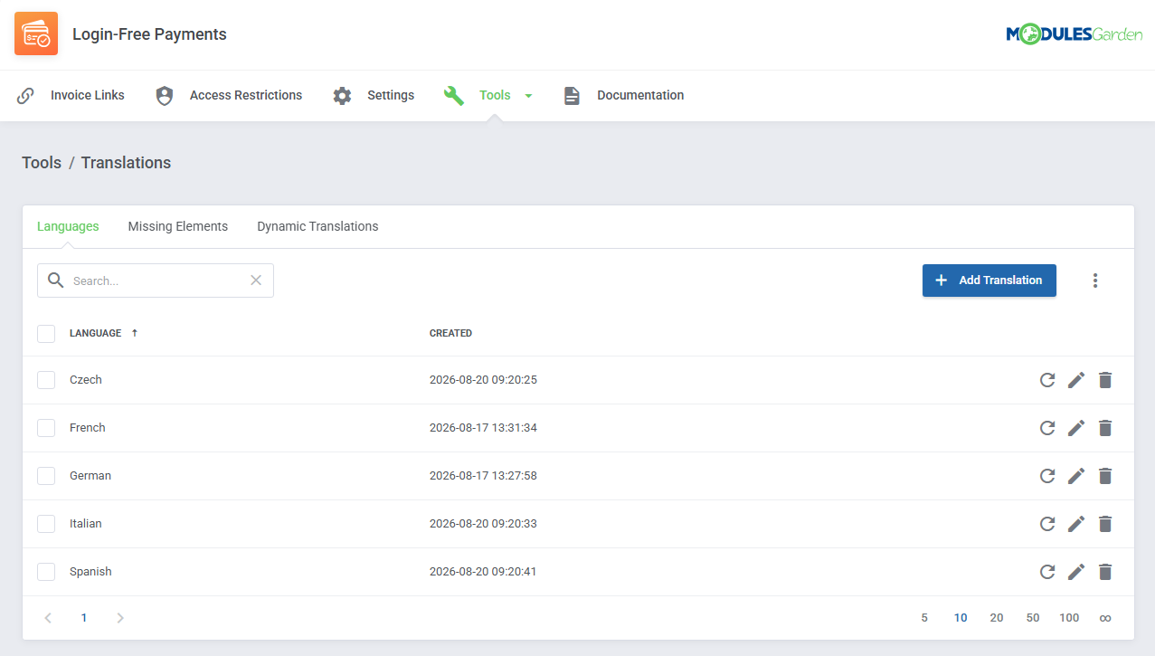 Login-Free Payments For WHMCS: Tools, Translations page with the Languages tab and the list of added languages