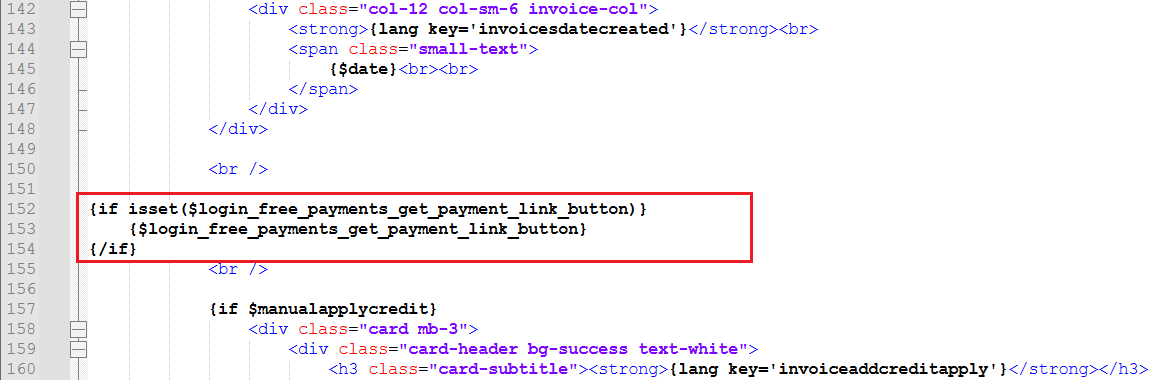 Login-Free Payments For WHMCS: theme template file in a code editor with the payment link button code highlighted