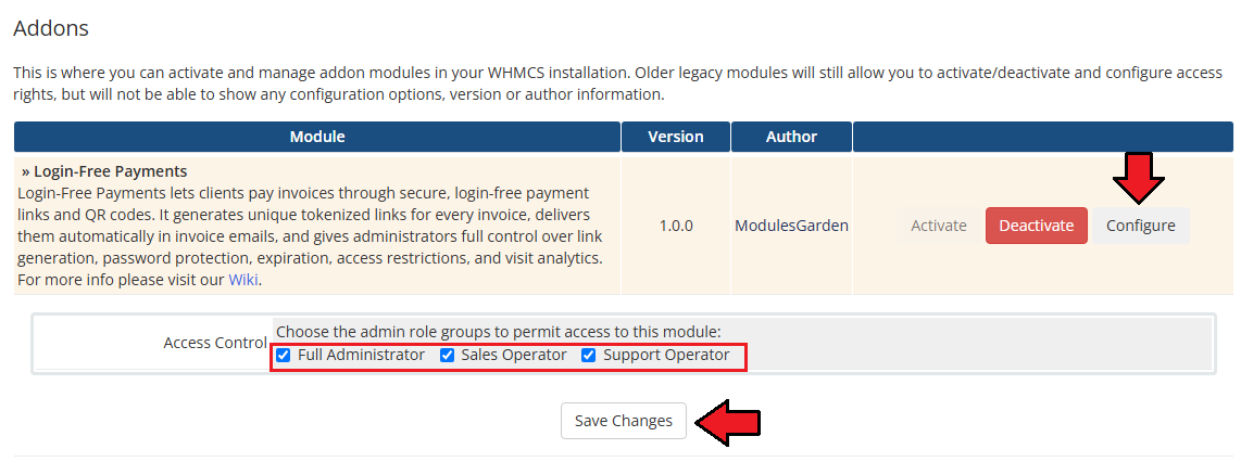 Login-Free Payments For WHMCS: WHMCS Addon Modules list with the Login-Free Payments Configure button and admin role