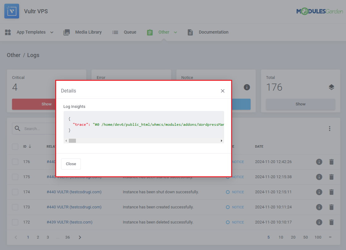 Logs: Details dialog with the Log Insights trace of the selected log entry