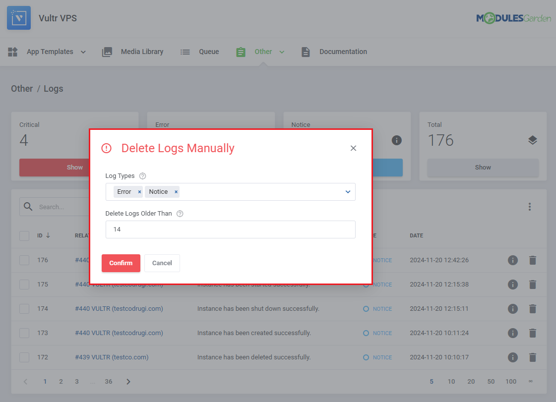 Logs: Delete Logs Manually dialog with log types and the delete logs older than days field