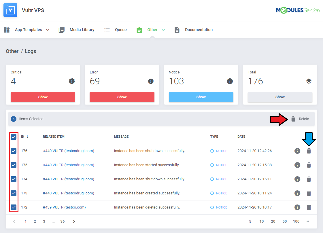 Logs: logs table with selected entries, the mass Delete button and a single delete icon