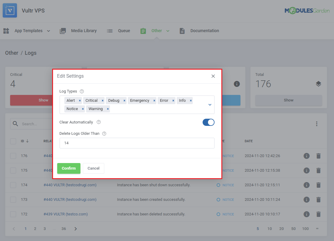 Logs: Edit Settings dialog with log types, automatic clearing and the number of days