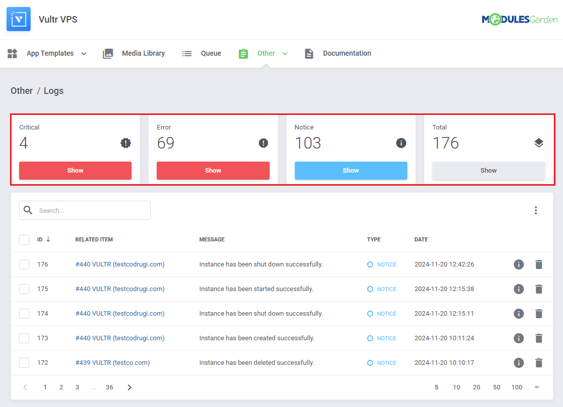 Logs: Logs page with the Critical, Error, Notice and Total counters and their Show buttons