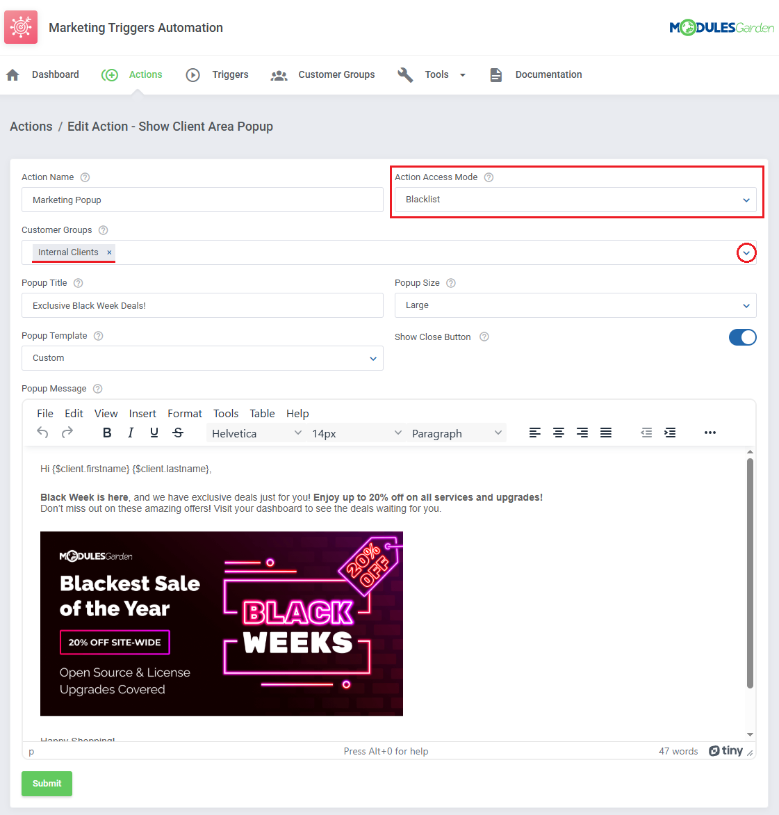 Marketing Triggers Automation For WHMCS: Edit Action Show Client Area Popup with Blacklist mode and Internal Clients