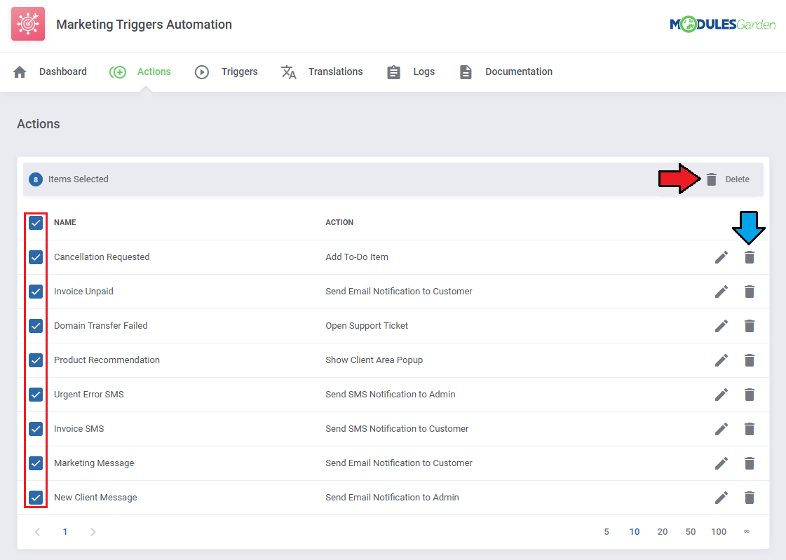 Marketing Triggers Automation For WHMCS: Actions page with all actions selected and the mass Delete button marked