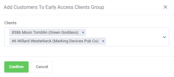 Marketing Triggers Automation For WHMCS: Add Customers to group dialog with two clients selected in the Clients field
