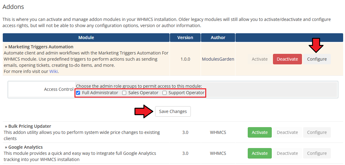 Marketing Triggers Automation For WHMCS: WHMCS Addon Modules access control with Full Administrator ticked and Save
