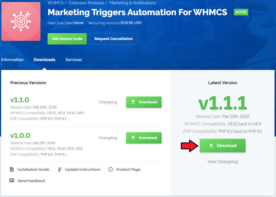 Marketing Triggers Automation For WHMCS: client area Downloads tab with the Download button for the latest version