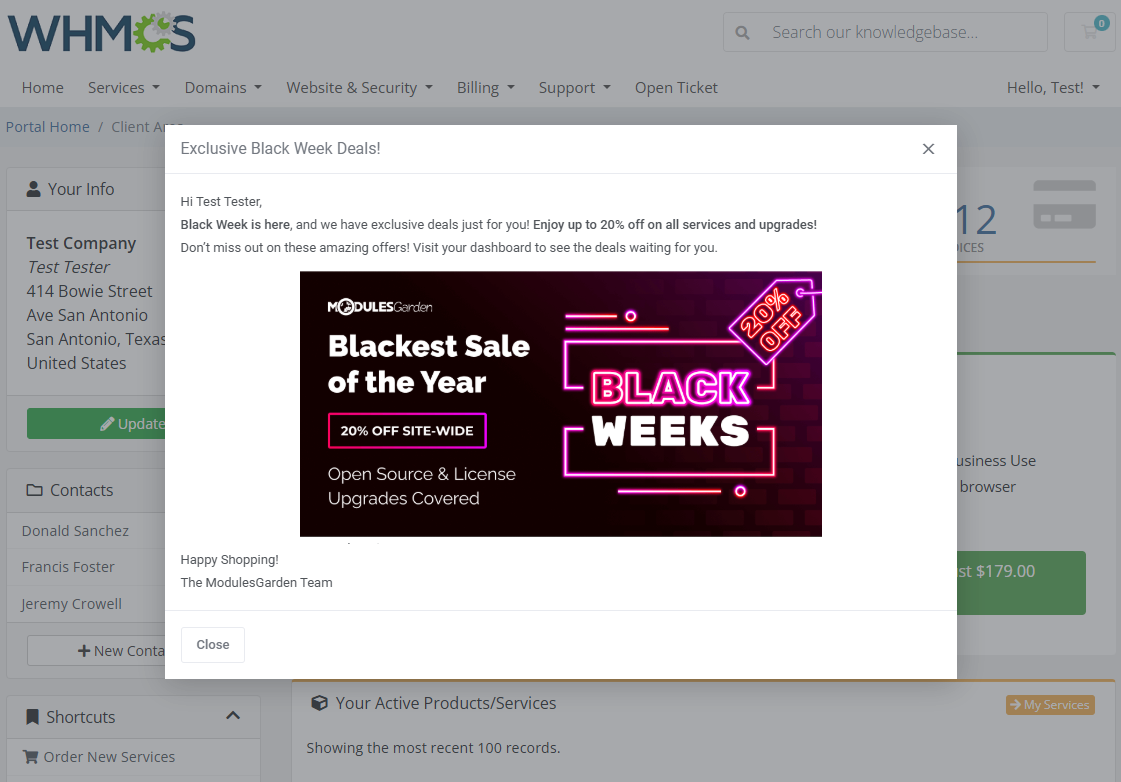 Marketing Triggers Automation For WHMCS: WHMCS client area with a popup window showing a Black Week promotion message