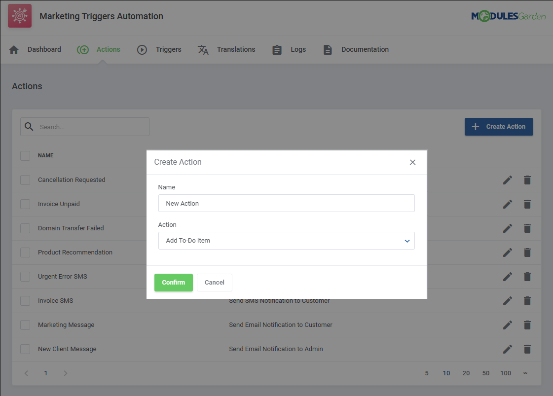 Marketing Triggers Automation For WHMCS: Create Action dialog with the action name field and the action type drop-down