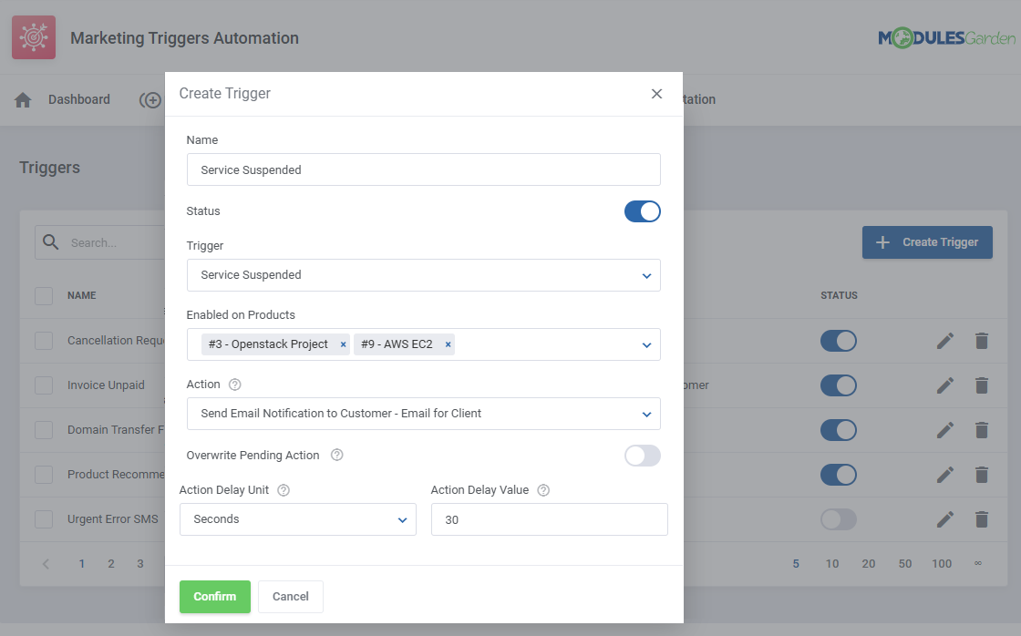 Marketing Triggers Automation For WHMCS: Create Trigger dialog with trigger, products, action and delay fields