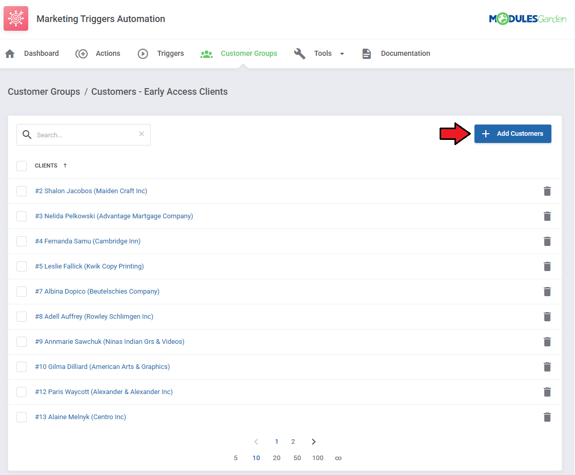 Marketing Triggers Automation For WHMCS: customer group view listing clients with the Add Customers button