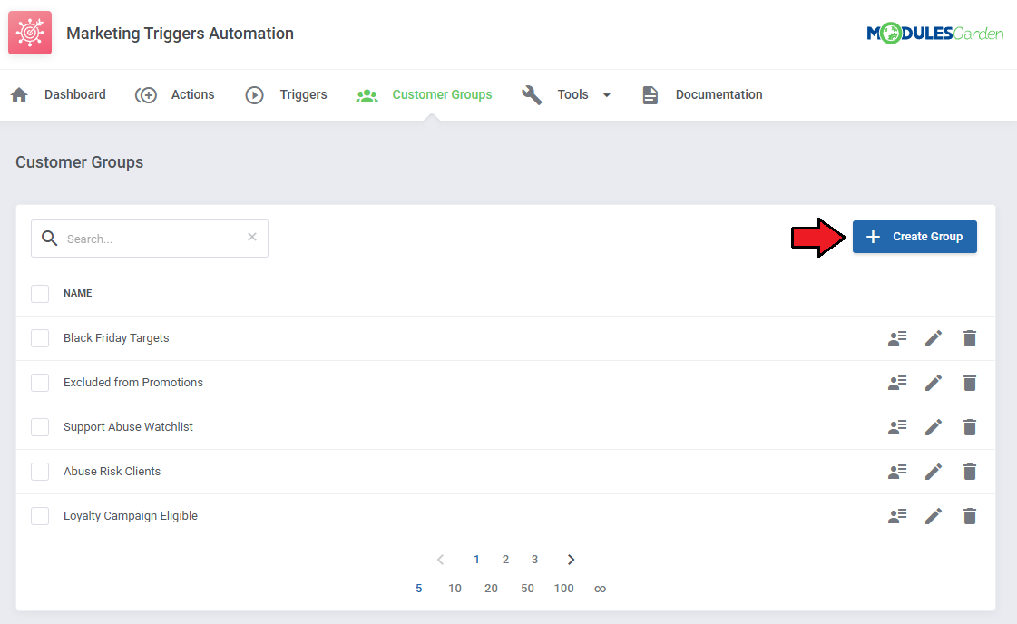Marketing Triggers Automation For WHMCS: Customer Groups page with the list of groups and the Create Group button