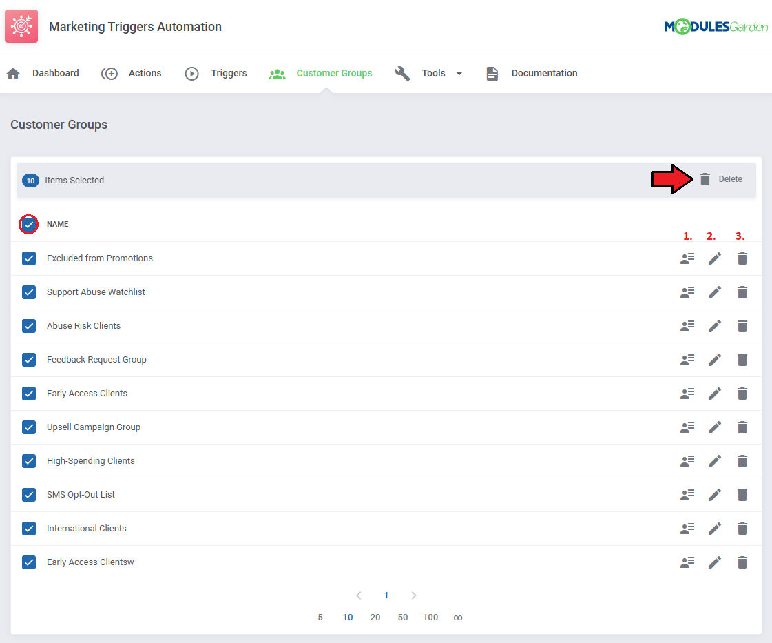 Marketing Triggers Automation For WHMCS: Customer Groups list with all groups selected and the Delete button
