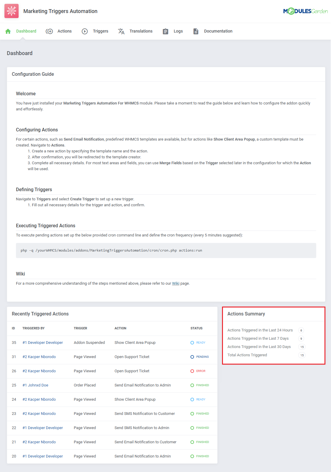 Marketing Triggers Automation For WHMCS: module Dashboard with the Actions Summary counters highlighted