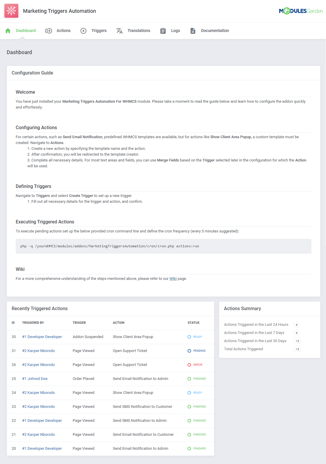 Marketing Triggers Automation For WHMCS: module Dashboard with the Configuration Guide, recent actions and summary