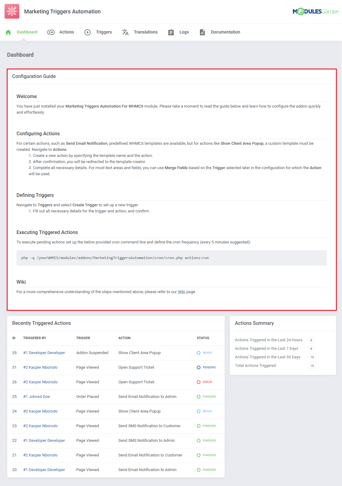 Marketing Triggers Automation For WHMCS: module Dashboard with the Configuration Guide section highlighted at the top