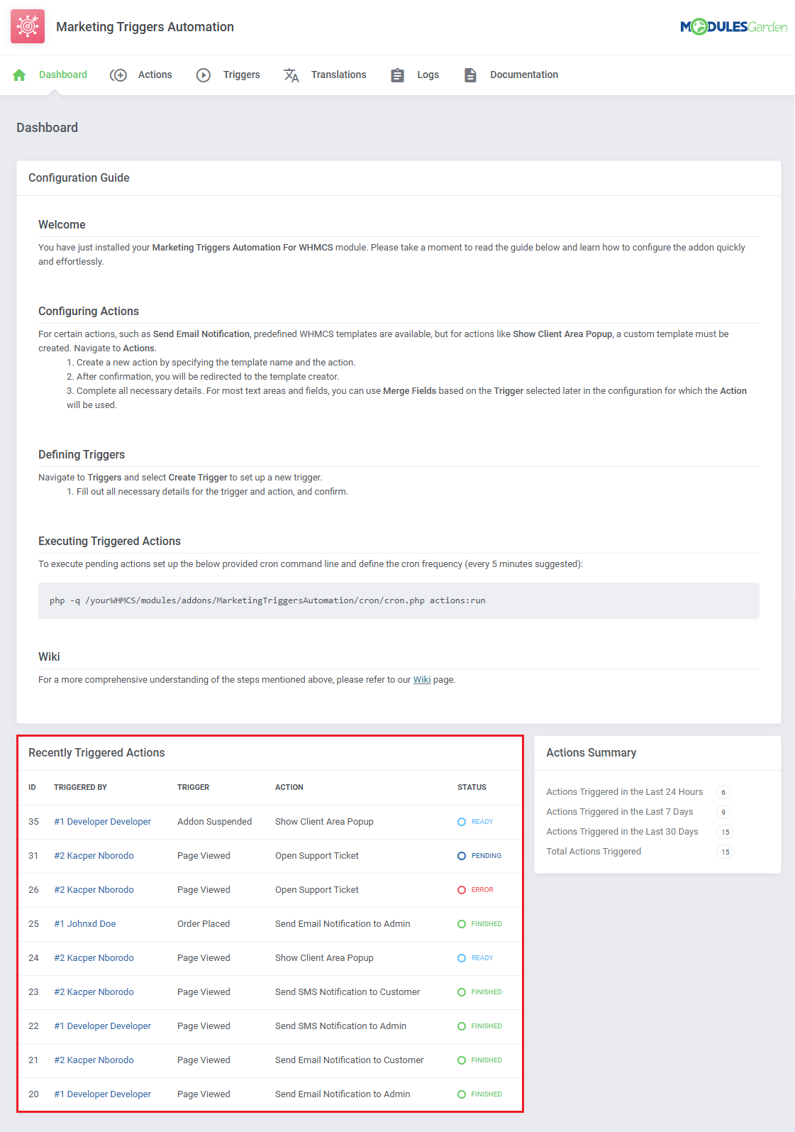 Marketing Triggers Automation For WHMCS: Dashboard with the Recently Triggered Actions table of triggers and statuses
