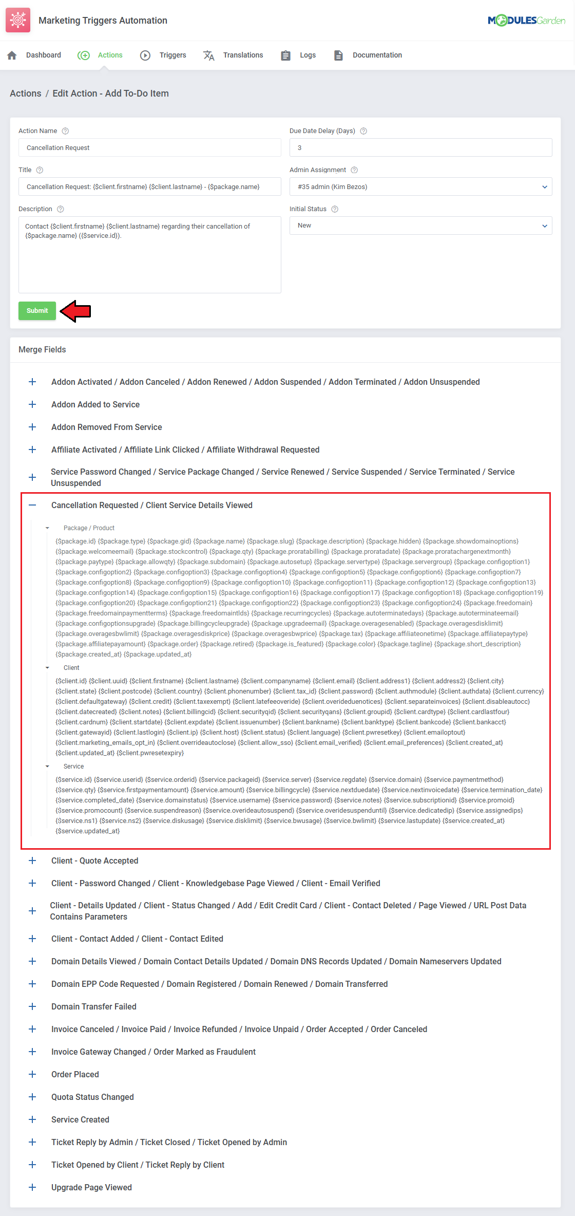 Marketing Triggers Automation For WHMCS: Edit Action Add To-Do Item form with due date delay, admin and merge fields