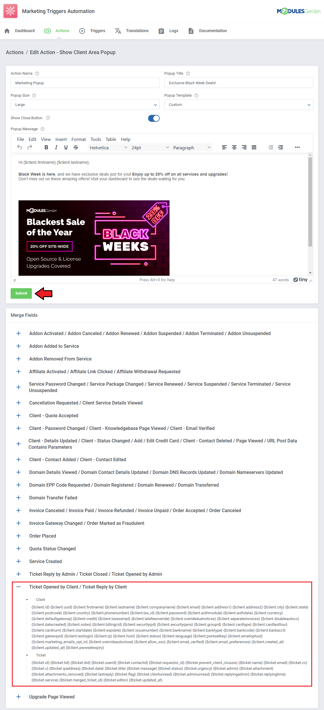 Marketing Triggers Automation For WHMCS: Edit Action Show Client Area Popup form with title, size, template and editor