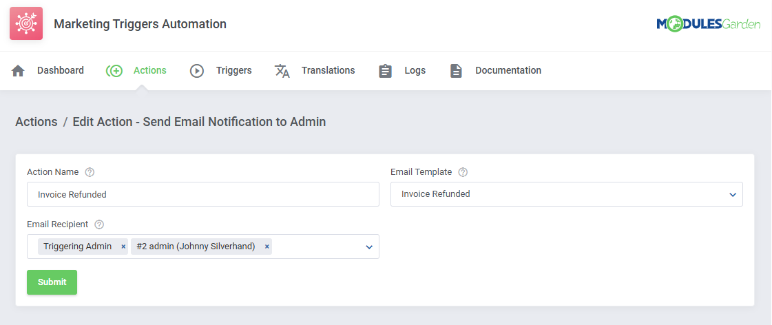 Marketing Triggers Automation For WHMCS: Edit Action Send Email Notification to Admin form with template and recipients
