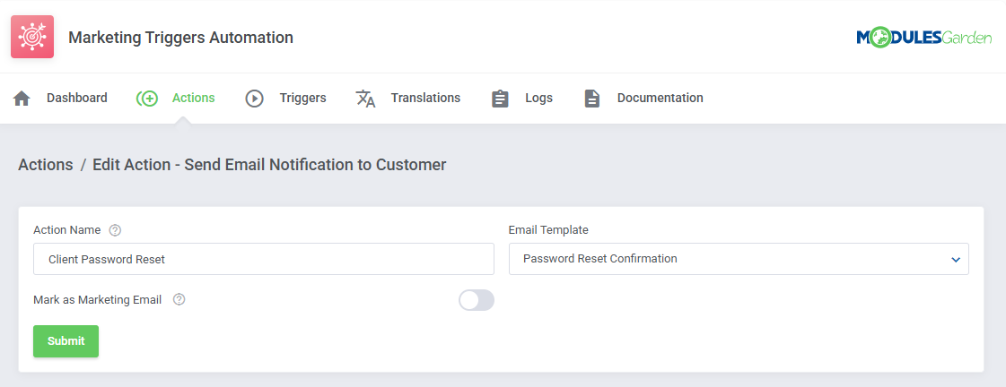 Marketing Triggers Automation For WHMCS: Edit Action Email Notification to Customer with the Mark as Marketing Email