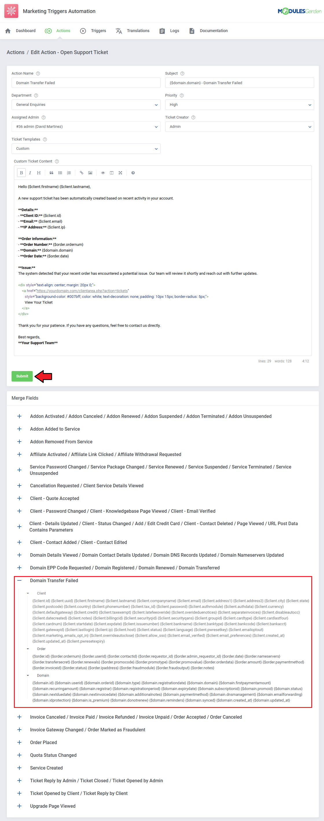 Marketing Triggers Automation For WHMCS: Edit Action Open Support Ticket form with department, priority and ticket