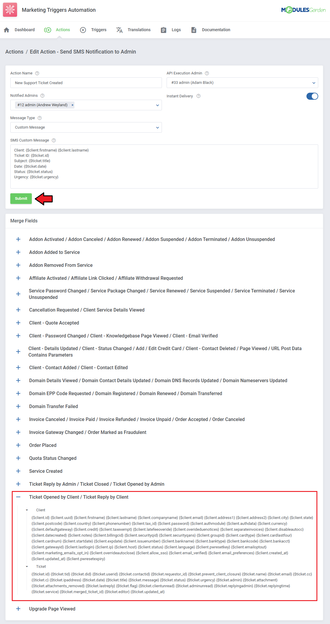 Marketing Triggers Automation For WHMCS: Edit Action Send SMS Notification to Admin form with admins and custom message