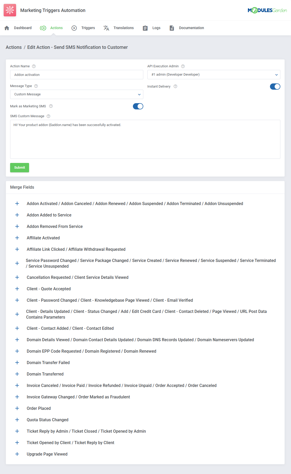 Marketing Triggers Automation For WHMCS: Edit Action SMS Notification to Customer with custom message and marketing