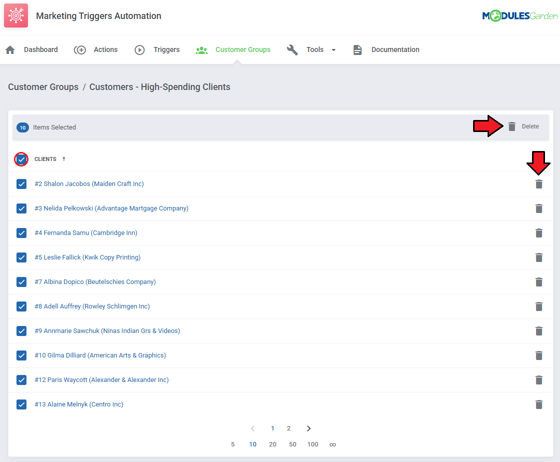Marketing Triggers Automation For WHMCS: customer group client list with all clients selected and the mass Delete button