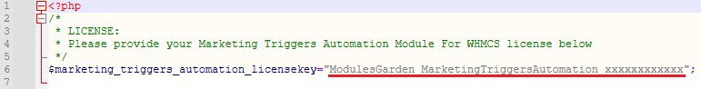 Marketing Triggers Automation For WHMCS: license.php open in an editor with the license key in quotation marks